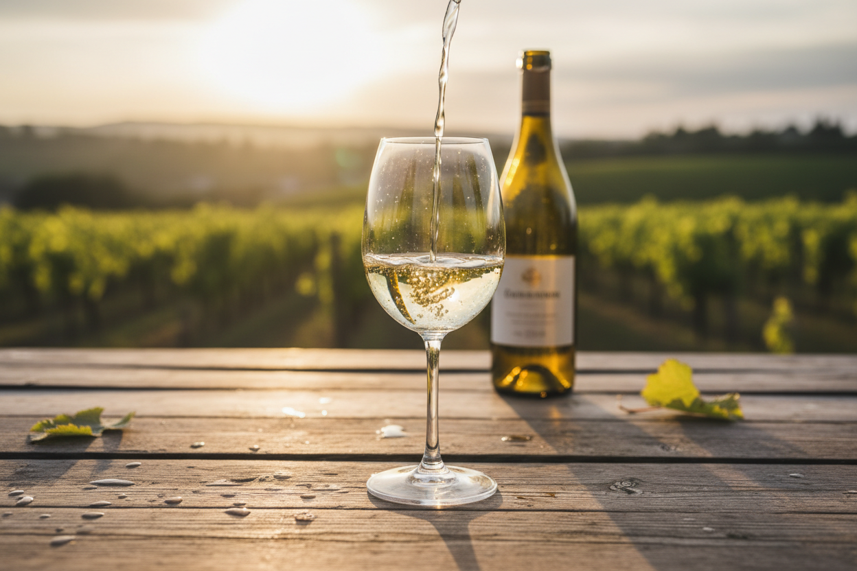 Imagem fotorrealista de uma taça de vinho branco sendo servida em uma mesa de madeira rústica, em um vinhedo ensolarado ao entardecer. Foco na taça, garrafa desfocada ao fundo, luz dourada suave, profundidade de campo, sensação de frescor, estilo cinematográfico, 8K