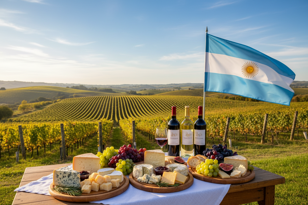 um vinhedo com vinhos e queijos e uvas e uma bandiera da argentina