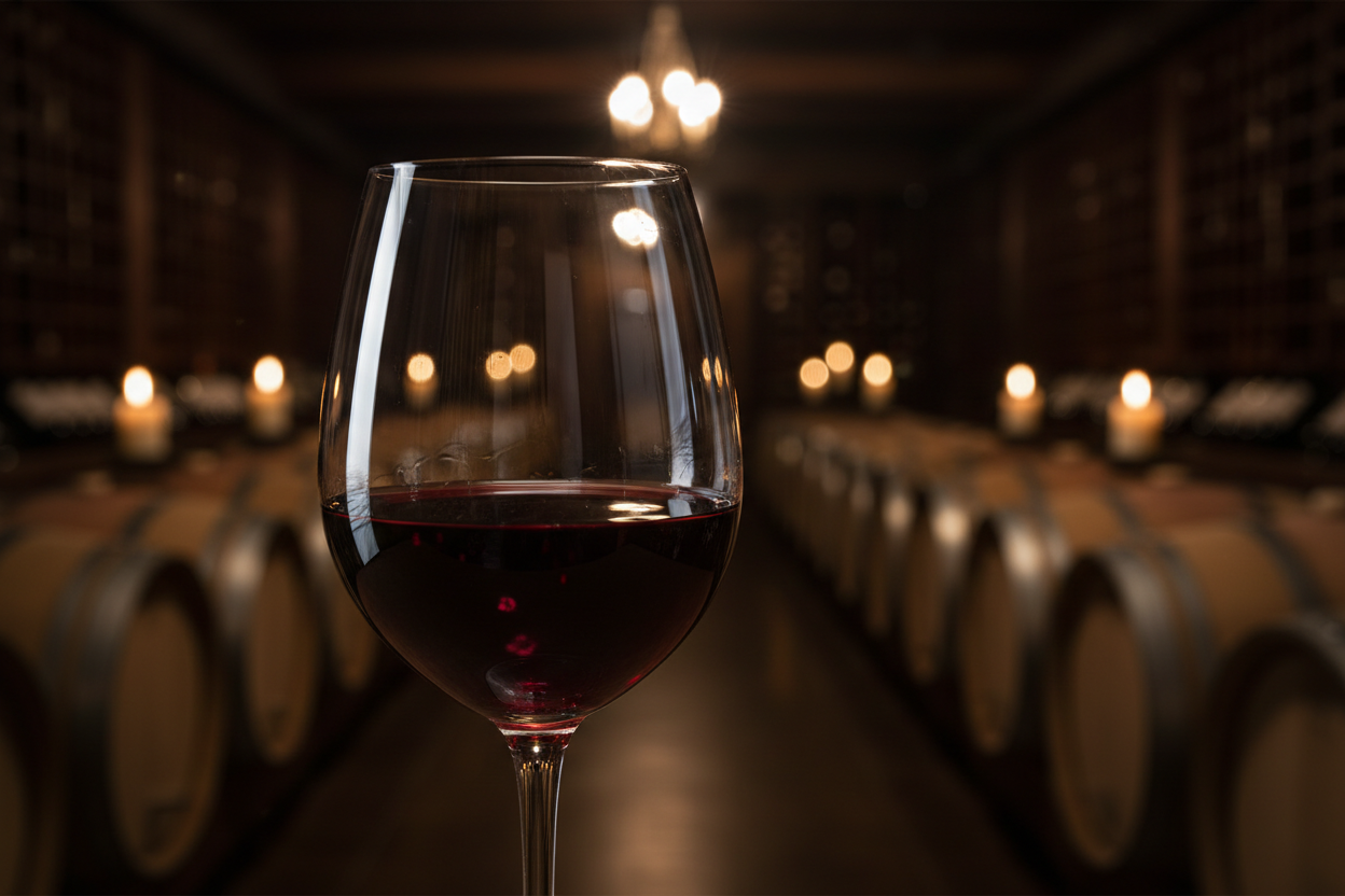 Uma taça de vinho tinto de borda fina, cheia até a metade, com um fundo desfocado de uma adega de vinho elegante e escura, com luz quente. Foco na taça e no líquido. Fotografia realista, profundidade de campo rasa.